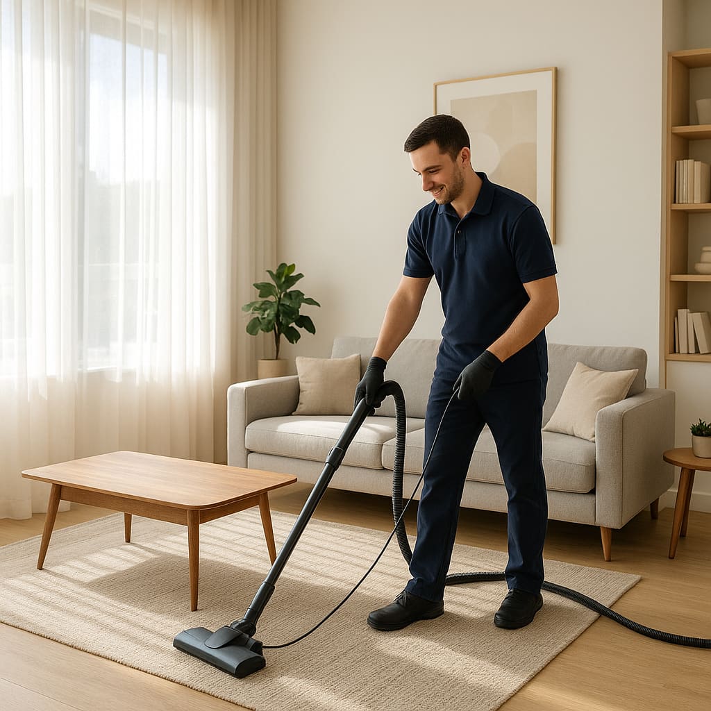 Heller Wohnraum während einer professionellen Wohnreinigung